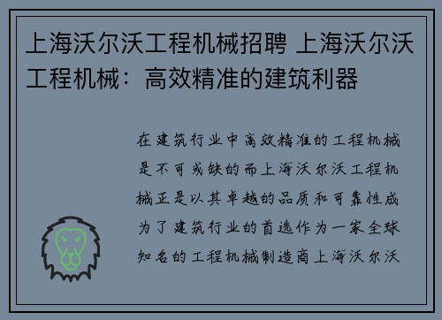 上海沃尔沃工程机械招聘 上海沃尔沃工程机械：高效精准的建筑利器