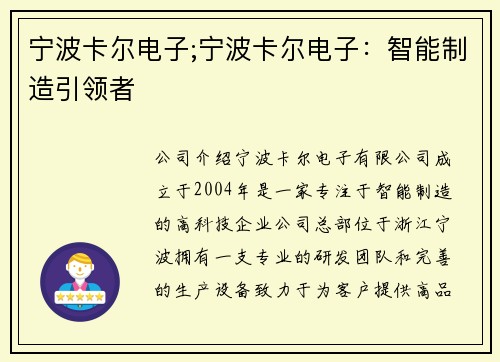 宁波卡尔电子;宁波卡尔电子：智能制造引领者